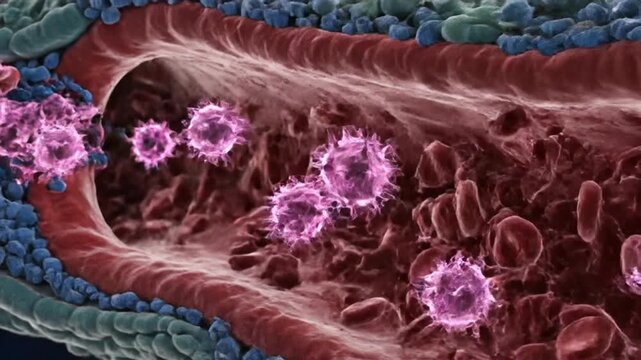 Ultra detailed microscopic animation of tumor disease spreading through human tissue abnormal cancer cells dividing rapidly bloodstream metastasis realistic cellular textures glowing inflammatory effe