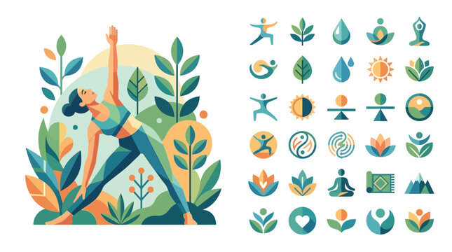 Clean geometric flat vector illustration of a woman in triangle yoga pose among stylized plants, accompanied by thirty minimalist wellness, mindfulness, and healthy lifestyle icons.