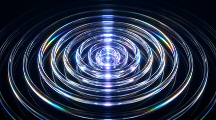 Fototapeta premium Concentric transparent glass rings rippling outward with spectral glow on dark futuristic background