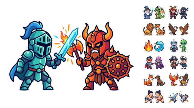 Set of flat vector chibi character icons featuring a knight and viking duel with flaming axe and glowing sword, including fantasy creatures, animals, and sci-fi figures.