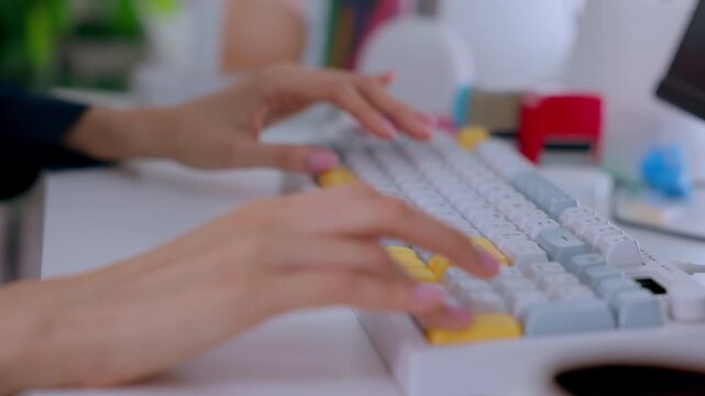 Focused professional person typing fast on modern mechanical keyboard at bright office desk remaining engaged during daytime business work completing digital computer tasks