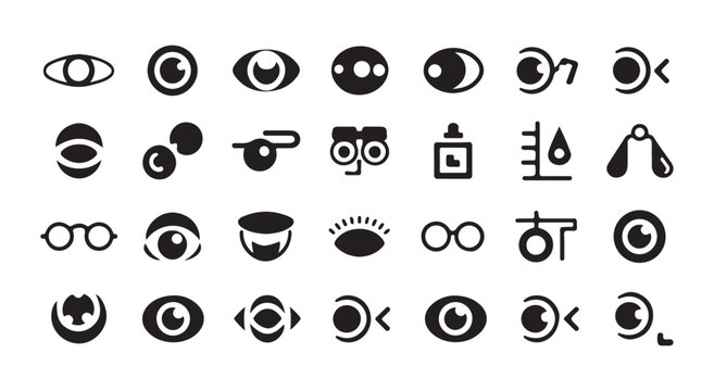 Eye care icons set with glasses and drops for vision.