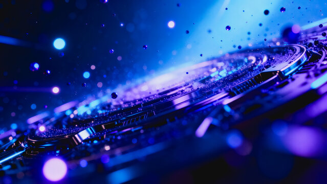 This close-up macro shot features a glowing blue cybernetic circuit board with floating bokeh particles, creating a futuristic digital tech atmosphere.