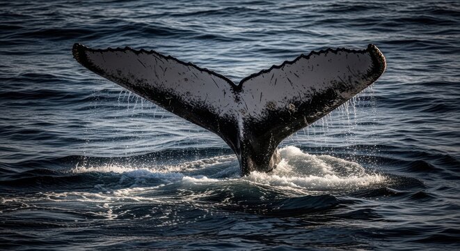 Close-up of a humpback whale's tail fluke diving into the dark blue ocean water with sunlight reflecting tail fin sea life water surfac