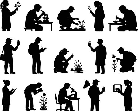 Biologist naturalist field researcher silhouettes vector icon set isolated