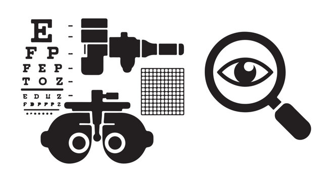Ophthalmology equipment and eye chart icons for vision tests.