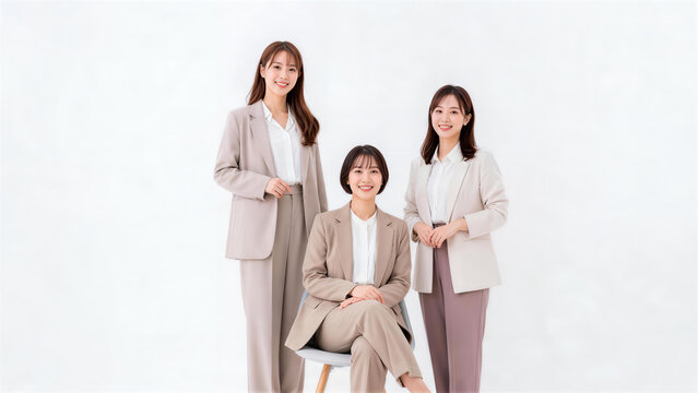 白背景で椅子に座る人と立つ人で構成された笑顔の女性ビジネスウーマン3人