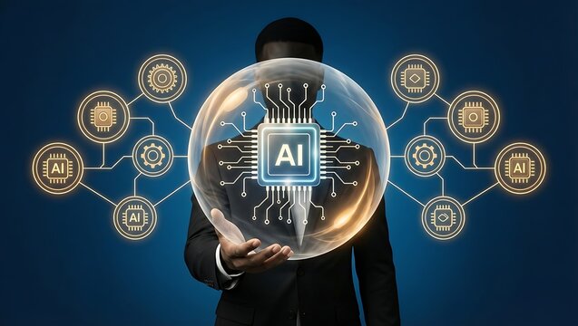Businessman holding glowing digital sphere with AI processor chip and integrated automation gear icons