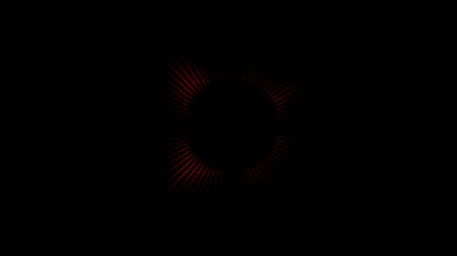 Dynamic red circular audio waveform equalizer visualizer pulsing with rhythmic motion on a deep black background, for modern music, production, digital sound, analysis, and futuristic multimedia