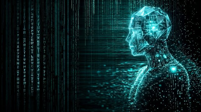 Artificial intelligence concept with digital human head and matrix code