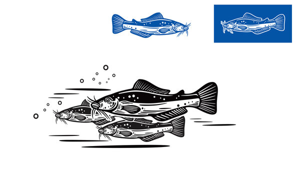 delicious indonesian river catfish logo, silhouette of natural fish in river vector illustrations