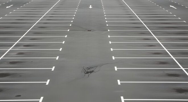 A top down elevated perspective of an empty asphalt parking lot focusing on the repetitive white painted lines and driving arrows