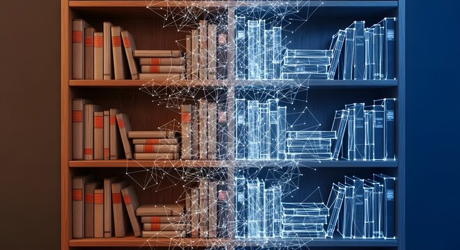 A wooden bookshelf transitioning into a digital wireframe hologram symbolizing the evolution of traditional library knowledge into modern data and cloud computing