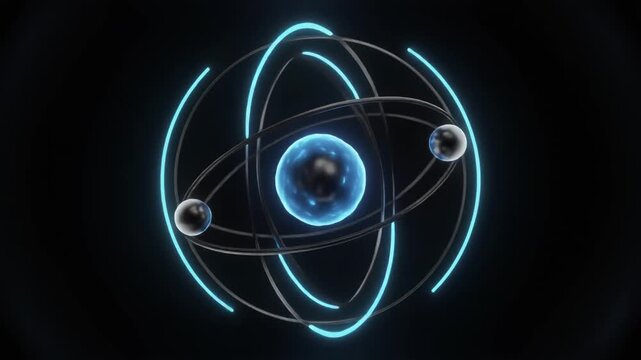Glowing Atomic Model with Orbiting Electrons in Dark Science Background