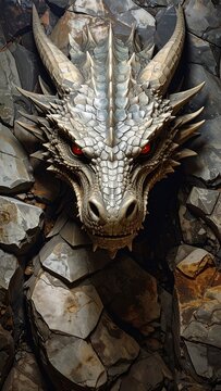 Close-up of a fearsome dragon head emerging from a rock wall