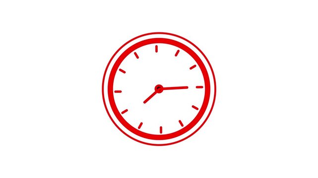 Minimalist red analog clock animation spinning rapidly on a clean white background, representing fast passing time, deadline urgency, business efficiency, and precise chronological measurement