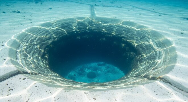 A crystal-clear freshwater spring basin photo revealing a deep circular underwater limestone depression centered on a white sandy floor