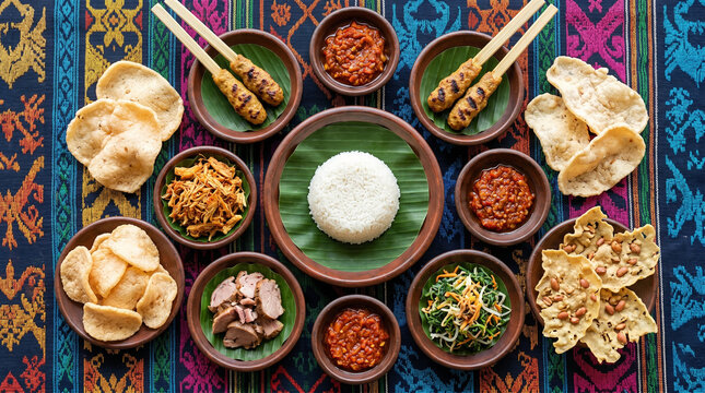 Top down view of Nasi Campur ingredients on colorful Balinese Endek fabric