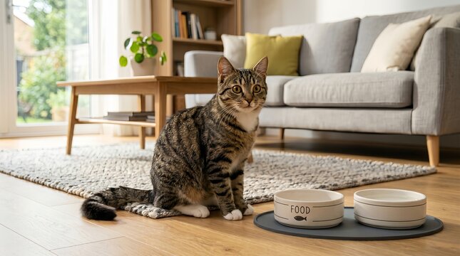 A cute tabby cat sitting on a soft rug beside food bowls in a cozy living room, illuminated by natural light, appearing to wait patiently for feeding time.