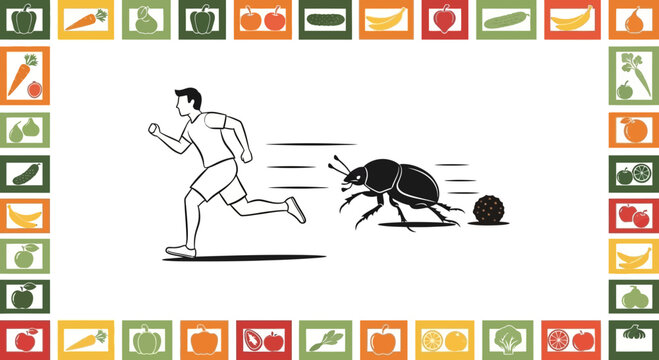 Man Running From Giant Dung Beetle Pushing Ball of Poop, Healthy Food Border