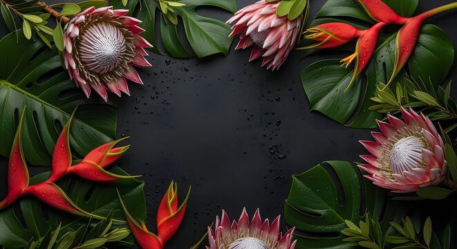 Dramatic dark background framed with exotic pink protea flowers, vivid crimson heliconia stalks, and glossy wet green monstera leaves