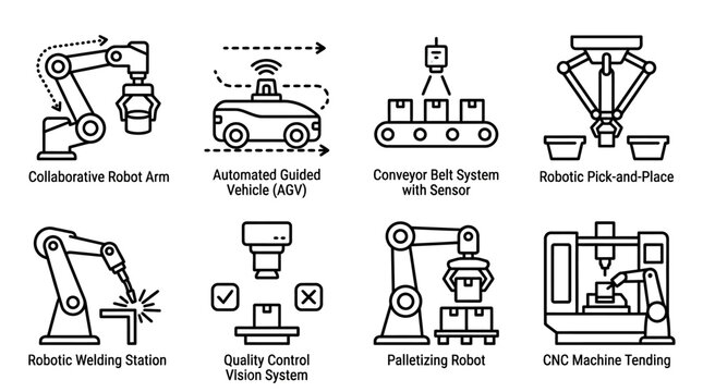 Industrial Automation Icons Set, Robotic Arms, AGV, Conveyor, Welding, Quality Control, Palletizing, CNC Machine Tending with isolated white background.