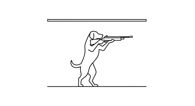 Dog aiming rifle, cartoon illustration, funny concept, hunting dog, shooting practice