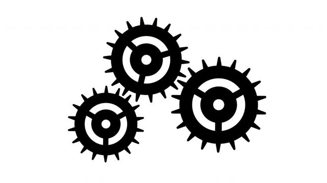 Three white gears spinning. Animated Group of gears in transparent background. Gears rotating animation. 4K motion graphic