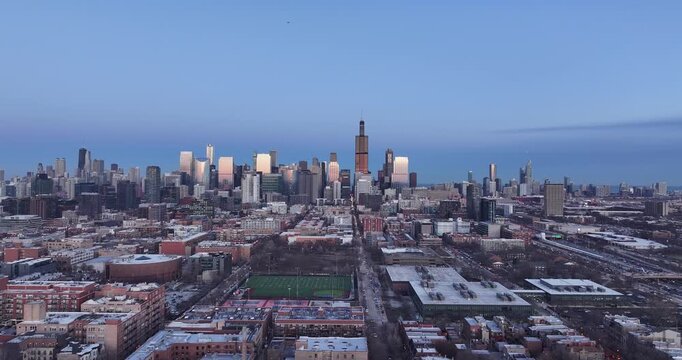  Aerial View of the Chicago Skyline During Sunset Over Downtown Chicago Illinois