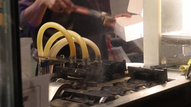 Machine making mini waffles on street food market, medium shot