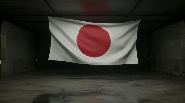 暗い地下通路で静かに揺れる日本国旗のポートレート