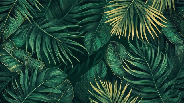 Lush tropical foliage pattern with deep emerald green leaves and delicate golden veins, creating a sophisticated jungle aesthetic.