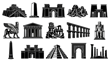 Fototapeta premium Ancient History Black White Glyphs - World Architectural Landmarks, Monuments, and Ruins Icon Set