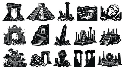 Fototapeta premium Black and White Glyph Vector Icons: Archaeology and Ancient History Ruins, Temples, Pyramids, and Monuments Set