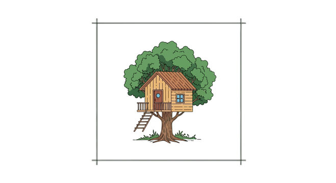 Charming wooden treehouse with ladder and green foliage, idyllic childhood backyard escape.