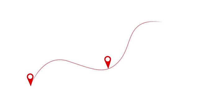 Mapping navigation animation with red location pins on a white background showing a dotted line path from start to multiple destinations concept of travel route or delivery service in motion