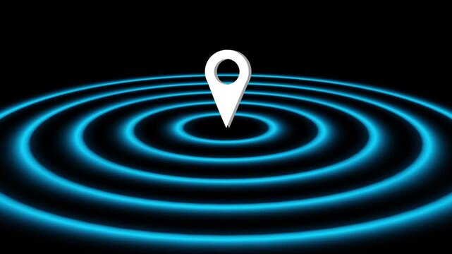 Location pin icon white map pointer with glowing blue radio wave circles expanding from center on black background digital 3d animation showing gps tracking signal and navigation technology