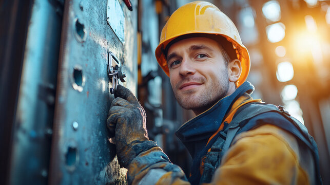A construction worker in a yellow hard hat installs hinges on a heavy metal door with focused determination under bright industrial lighting showcasing skilled manual labor and rugged work environment