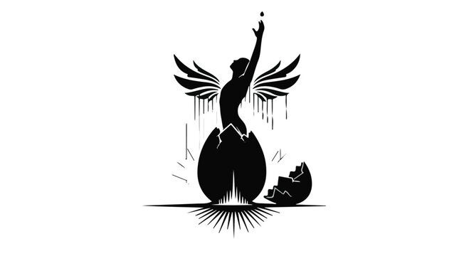 Stylized illustration shows a winged human-like figure emerging from a cracked eggshell with an arm extended upward, symbolizing rebirth or new beginnings.
