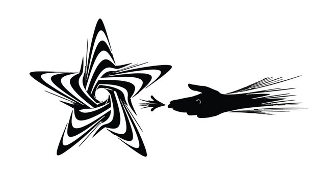 Stylized hand reaching towards a distorted star with swirling stripes suggests magic, illusion, or the powerful interaction with abstract concepts.