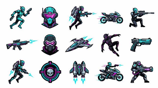 Futuristic Sci-Fi Gaming Characters, Weapons, Vehicles  Spaceships Vector Illustration Pack