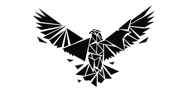 Geometric black silhouette of a soaring eagle with outstretched wings is composed of multiple triangular and polygonal shapes on a white background.