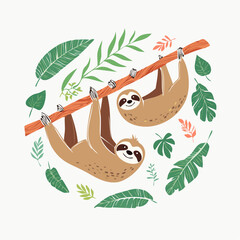 Fototapeta premium Cute Sloths Hanging on a Branch with Tropical Leaves