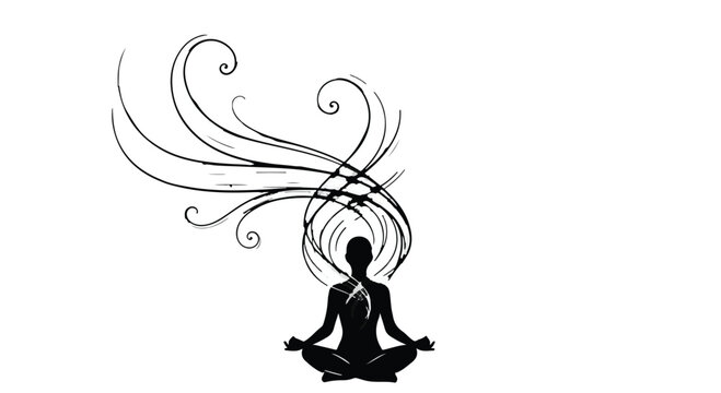 Meditating person silhouette in a lotus position features flowing, abstract lines emanating from their head, symbolizing peace, creativity, and spiritual energy.