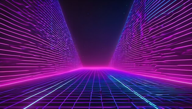 Photorealistic abstract neon grid glowing purple and blue wireframe perspective lines, synthwave aesthetic with dark atmosphere, representing creative design, digital art, and visual aesthetics