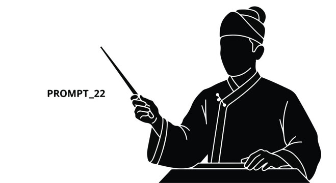 Silhouette of a person in traditional Asian attire, holding a pointer stick, presented as an instructor or presenter.