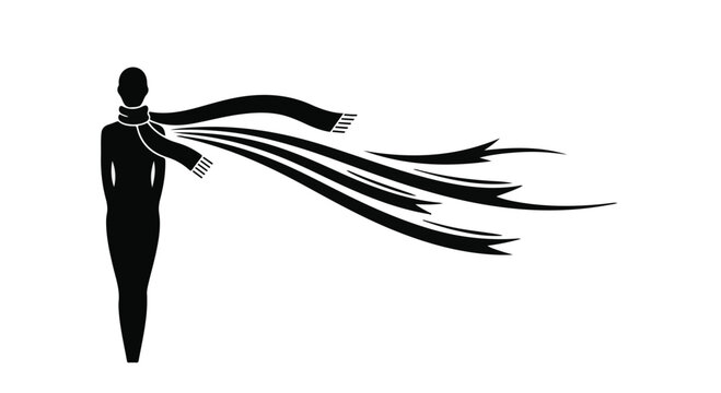 A black silhouette of a person stands facing forward, wearing a long, flowing scarf that extends dramatically to the right, suggesting movement.