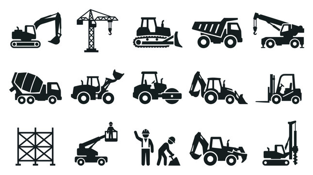 Construction Industry Icons Set: Black and White Glyphs of Heavy Machinery, Vehicles, Equipment, and Workers