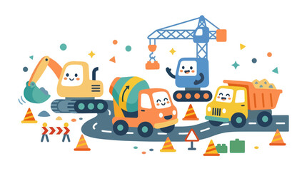 Obraz premium Cute Construction Vehicles Cartoon Style - Excavator, Cement Mixer, Crane, Dump Truck