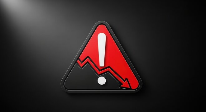 Red warning sign with a downward trending arrow and exclamation mark attention grabbing stock market financial crisis danger sign information